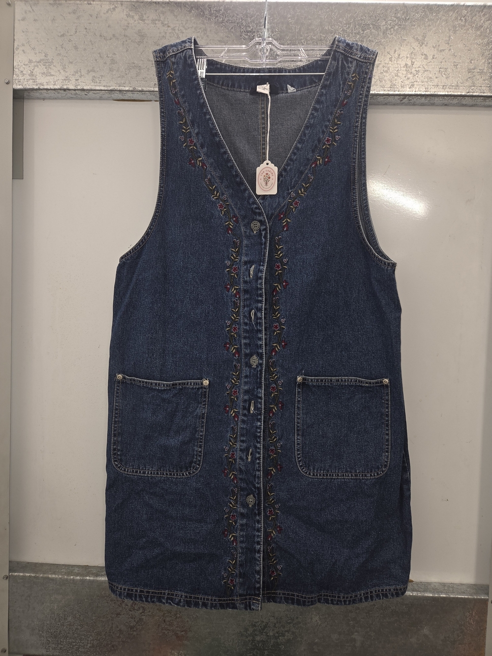 Vintage Denim Embroidered Floral V-Neck Button Front Dress